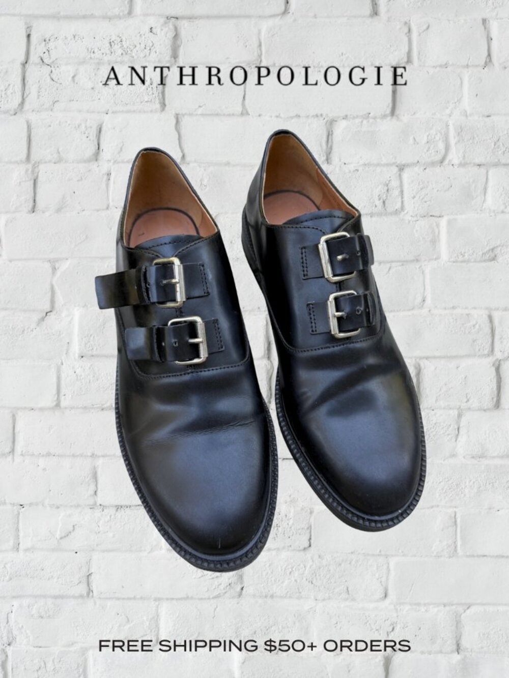 Anthropologie Vintage Leather Double Buckle Monk Strap Shoes Womens 9